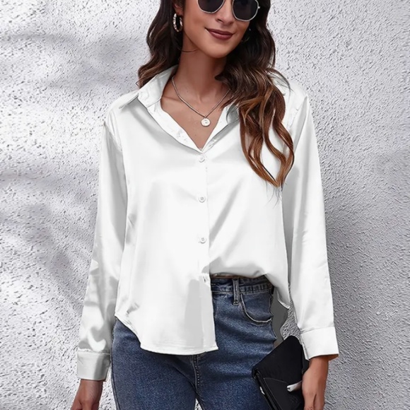 White Satin-Feel Button Down Shirt - Picture 1 of 6